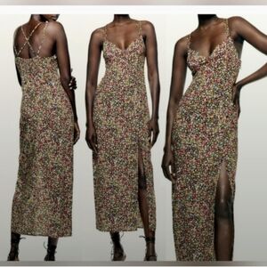 Zara Multi-Coloured Floral Maxi Dress with Front Side Slit Detail